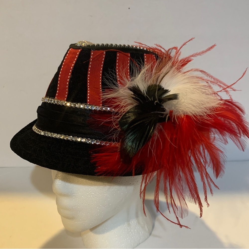 Vintage  Custom Fashion Hat Adorned With Feathers Felt & Stones Black Red White
